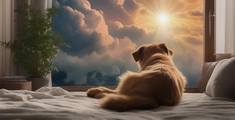  A dog rests on a bed, gazing at a dreamy sunset. With Walkee Paws, your dog's paws are ready for the next adventure.