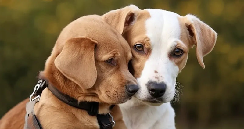 Two adorable puppies cuddling together, one brown and the other white with brown spots, showing affection with their heads resting closely