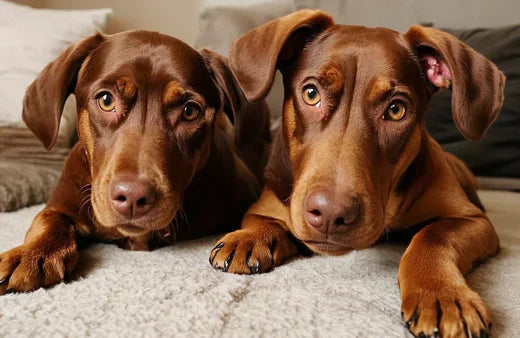 Two sad-looking dogs sitting together, with visibly injured and bandaged paws, expressing discomfort