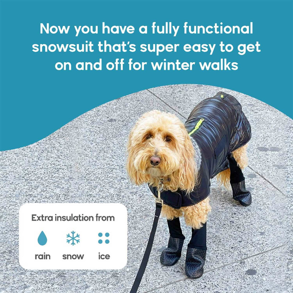 Stir Fry the Mini Goldendoodle is wearing size M in our Deluxe Puffer Coat & Attachable Boot Leggings.