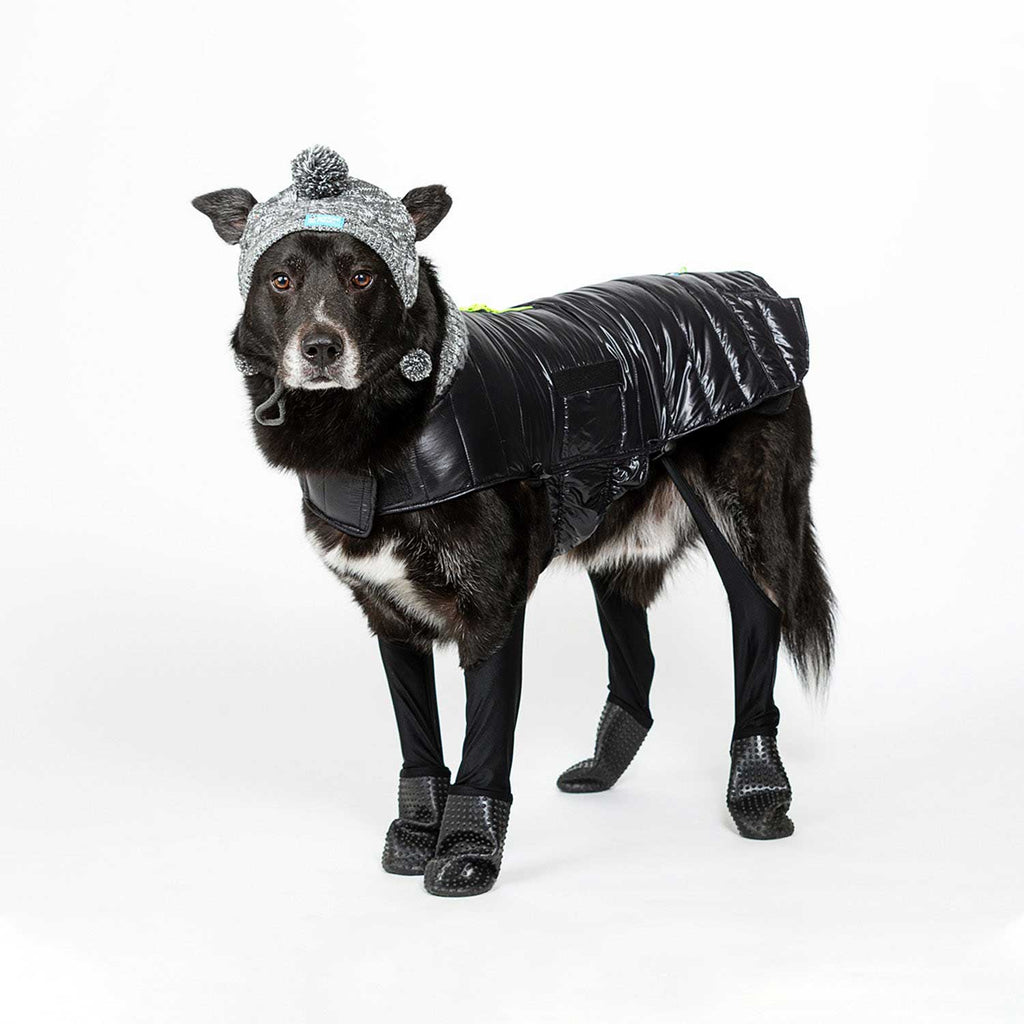 Ruff the rescue is wearing size L in our Deluxe Puffer Coat, Attachable Boot Leggings, & Pom Hat.