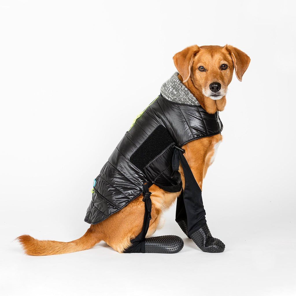 Rally the rescue is wearing size L in our Deluxe Puffer Coat & Attachable Boot Leggings.