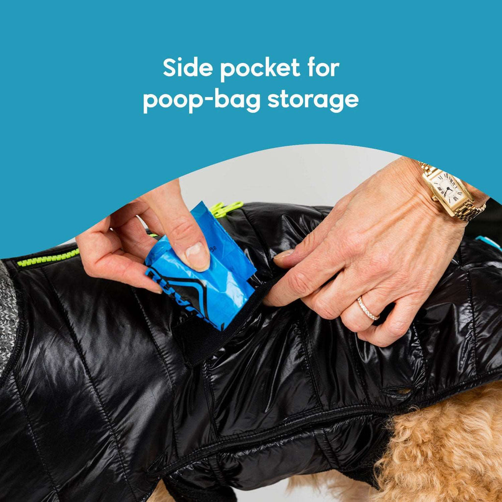 Features a side pocket for poop bags.
